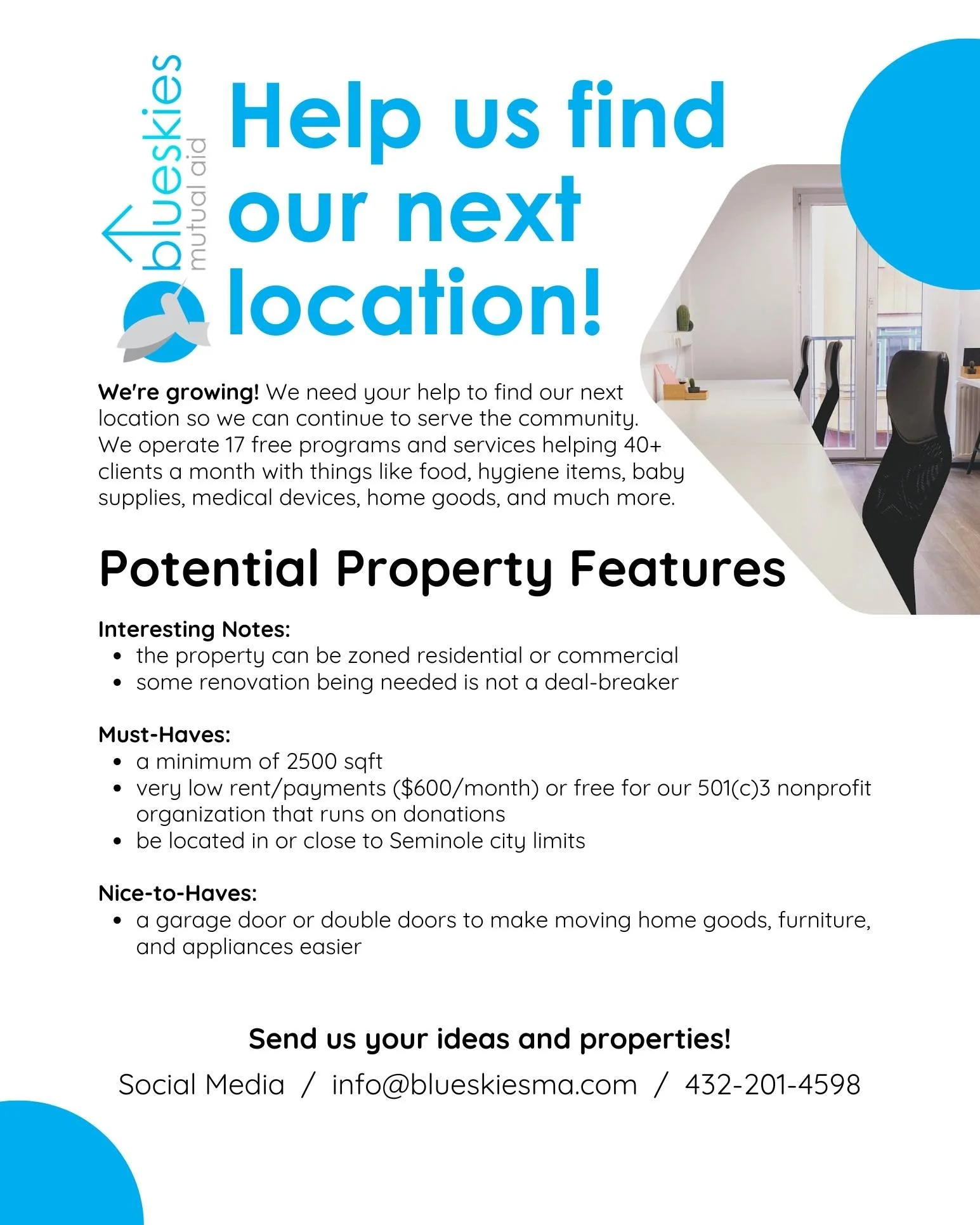 💪We're growing! 💪

We need your help to find our next location so we can continue to serve the community. We operate 17 free programs and services helping 40+ clients a month with things like food, hygiene items, baby supplies, medical devices, hom
