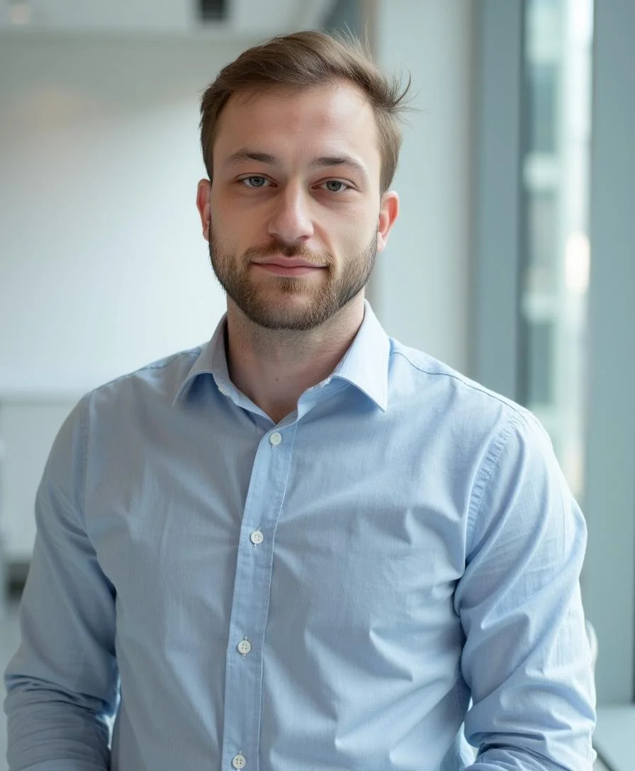 A young professional man with short brown hair and a beard, wearing a light blue dress shirt, standing indoors by a large window with natural light.