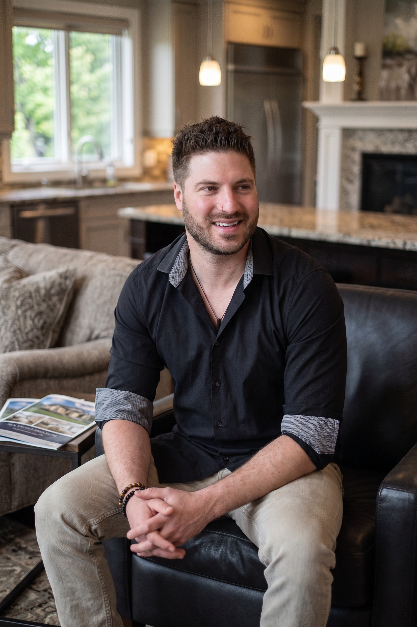 A smiling man with short dark hair and a beard, wearing a black button-up shirt with rolled-up sleeves and khaki pants, sitting on a black chair in a cozy living room with a fireplace and a window with green trees outside.
