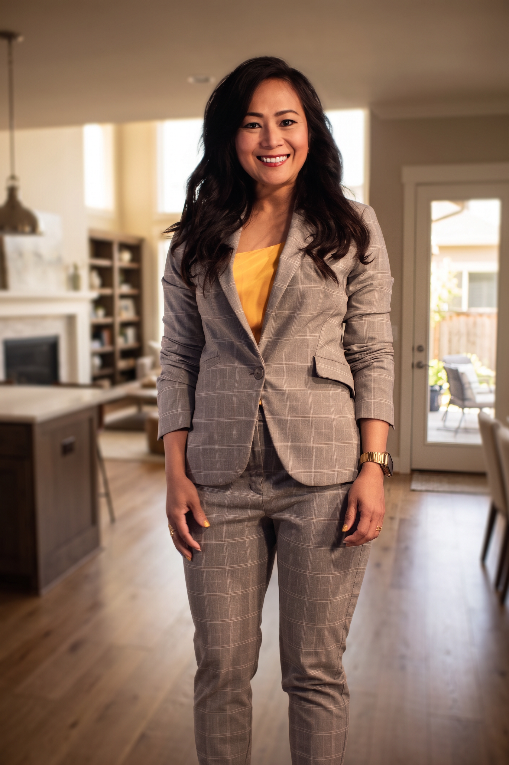 A woman in a beige plaid business suit smiling inside a well-lit home.