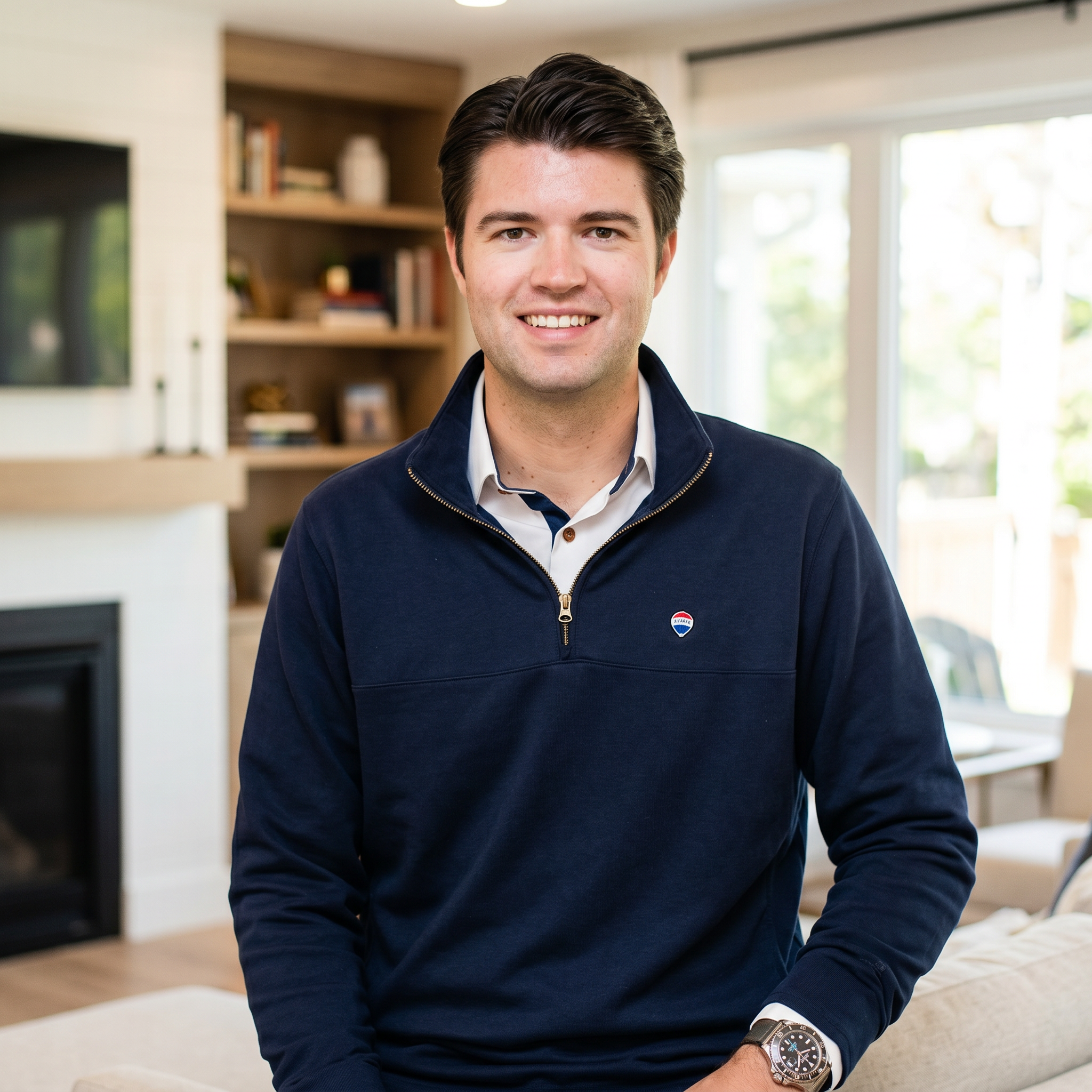 A young man with dark hair smiling, wearing a dark blue jacket and a wristwatch, in a bright modern room with windows and wooden shelves in the background.