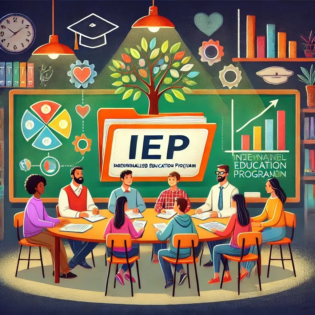 A diverse group of people sitting around a table in a classroom engaged in an IEP meeting, with a large chalkboard behind them displaying an IEP cover, colorful charts, and the words 'Individual Education Program'.