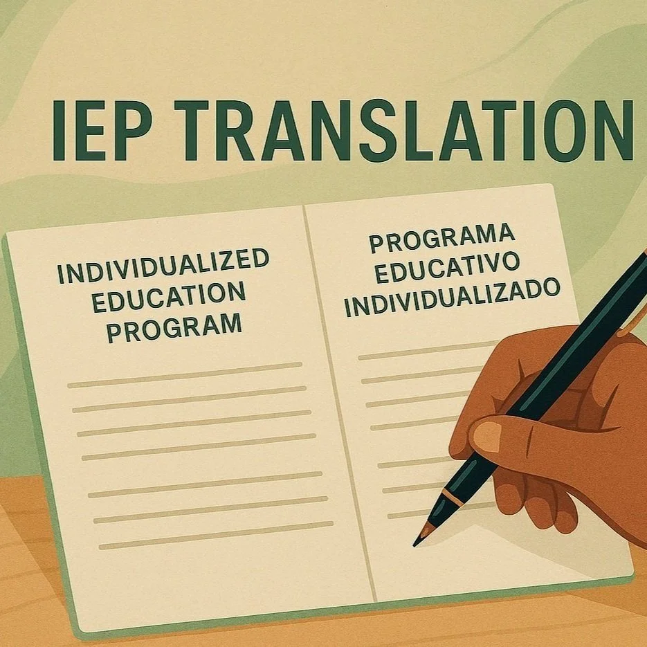 An illustration of a hand holding a pen, writing in a notebook with titles in English and Spanish that read 'Individualized Education Program' and 'Programa Educativo Individualizado,' with the heading 'IEP Translation' at the top.