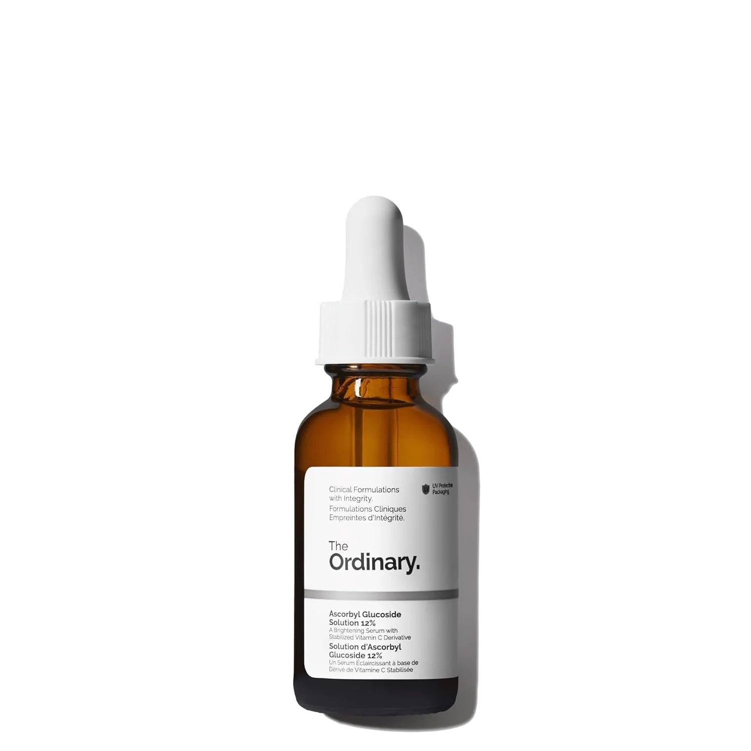 A brown glass bottle with a white dropper cap containing The Ordinary Ascorbyl Glucoside Solution 12%.