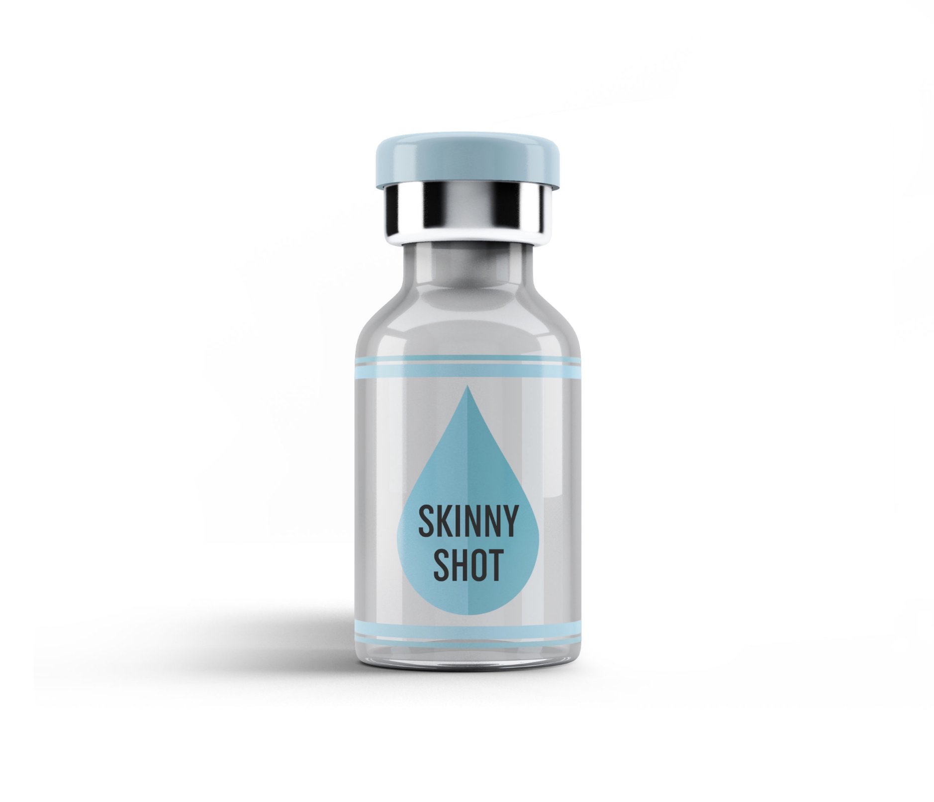 A small glass vial with a light blue cap and a metallic band, labeled 'Skinny Shot' with a blue droplet design on a white background.
