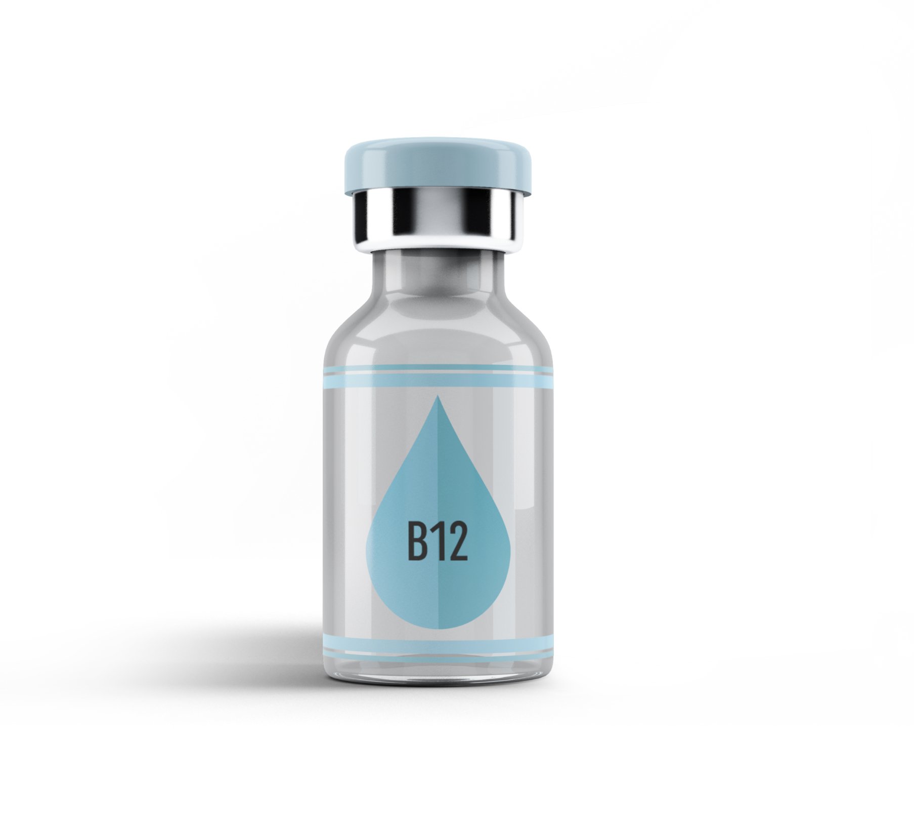 A small glass vial with a light blue cap, labeled with a blue drop icon and labeled 'B12' for vitamin B12.