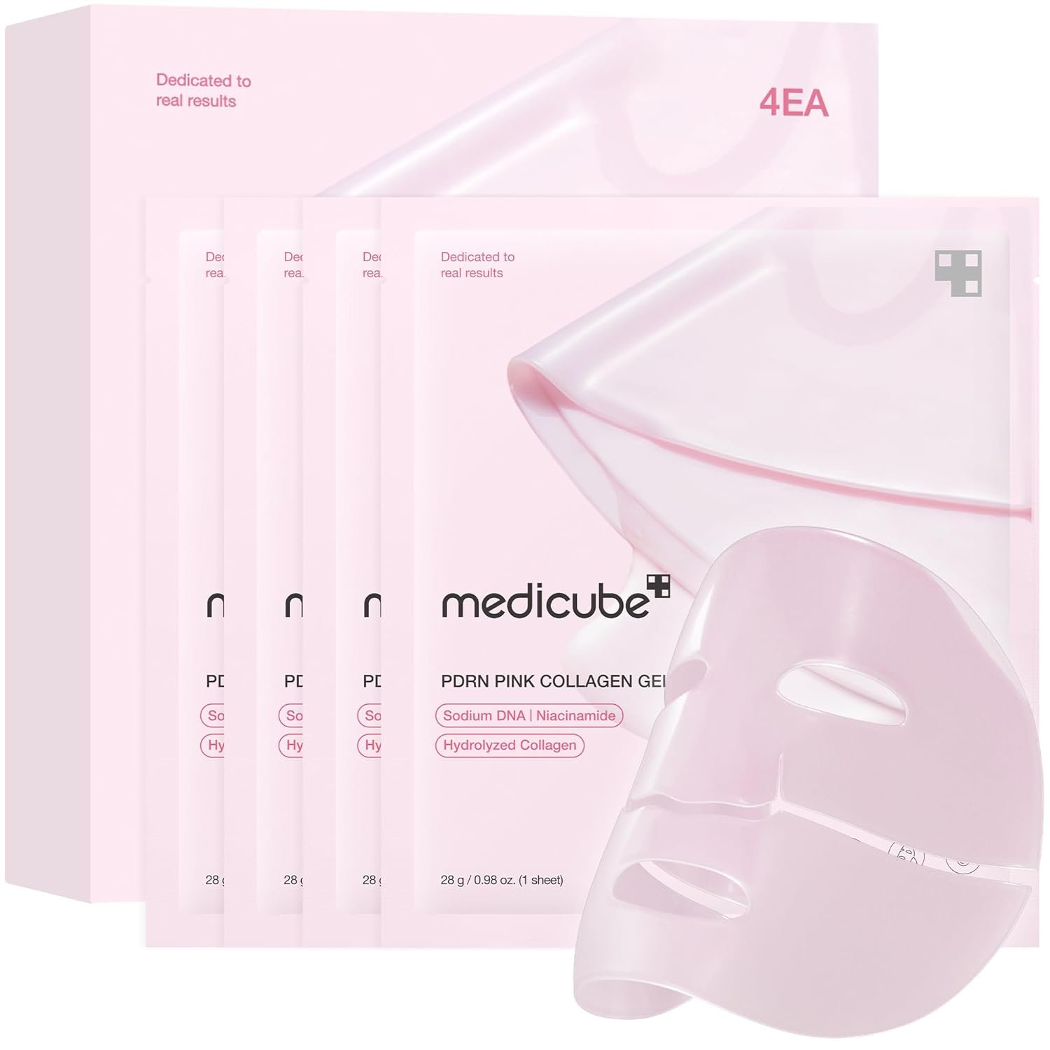 Four pink facial mask packages with a transparent sheet mask placed in front.