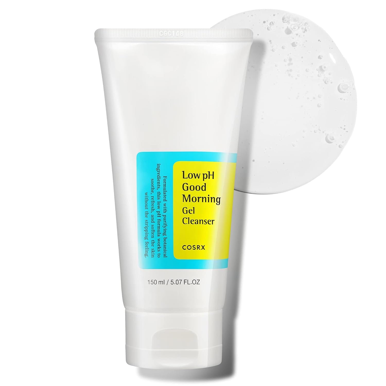 White tube of COSRX Low pH Good Morning Gel Cleanser with blue and yellow labels, positioned in front of a splash of foam.