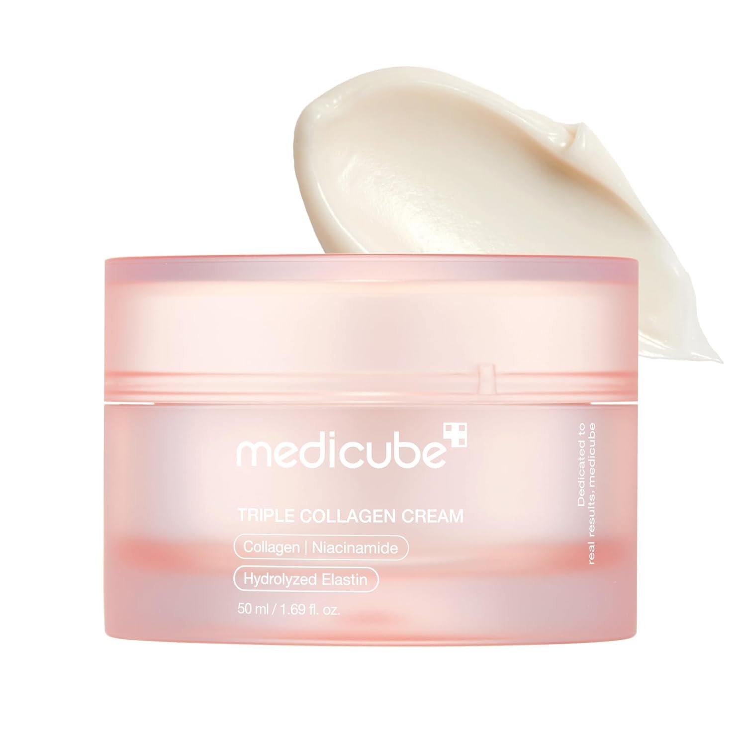 A pink jar of medicube Triple Collagen Cream with a dollop of cream on top.