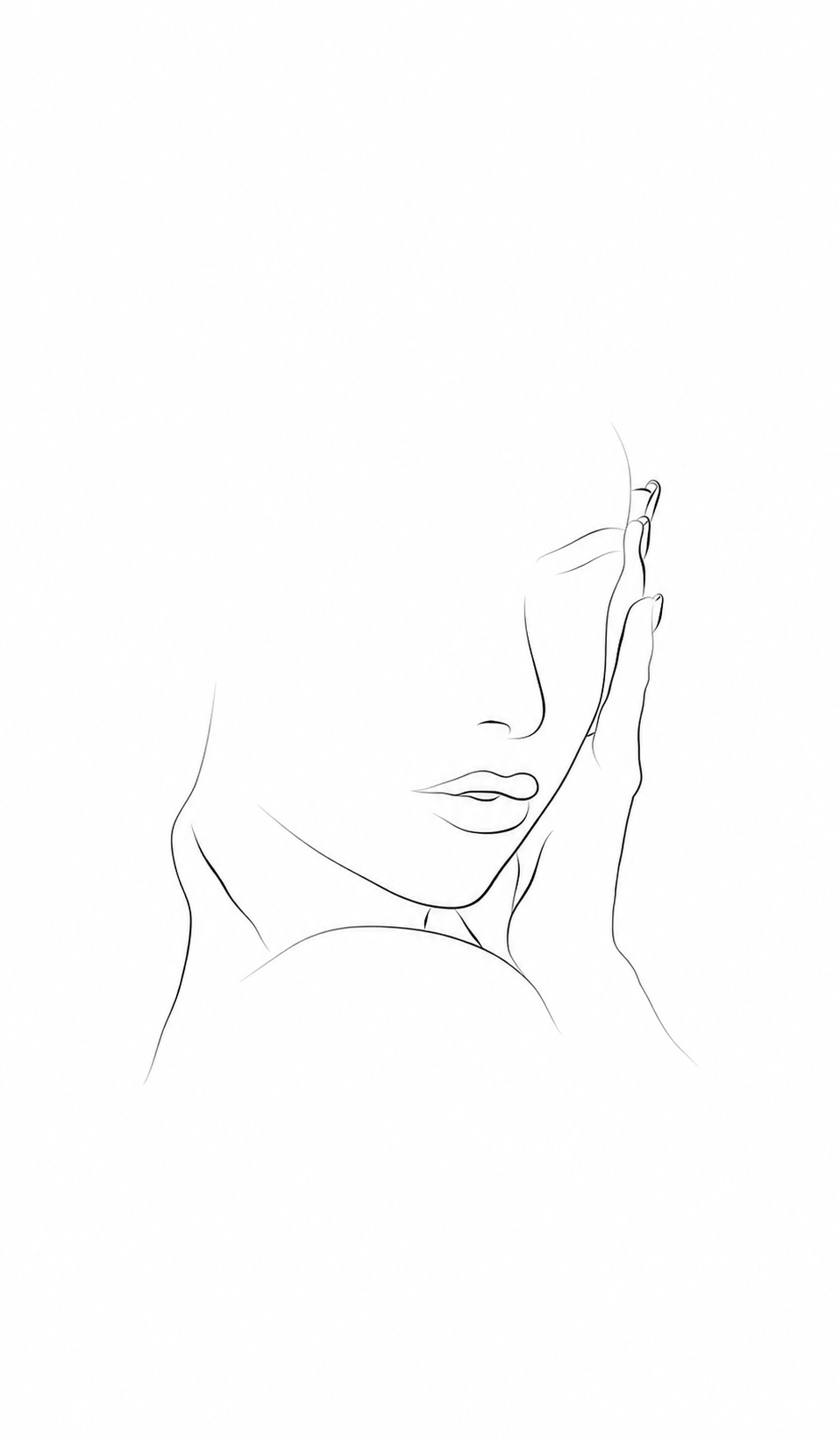 A minimalist line drawing of a woman's face in profile, with flowing hair and closed eyes.