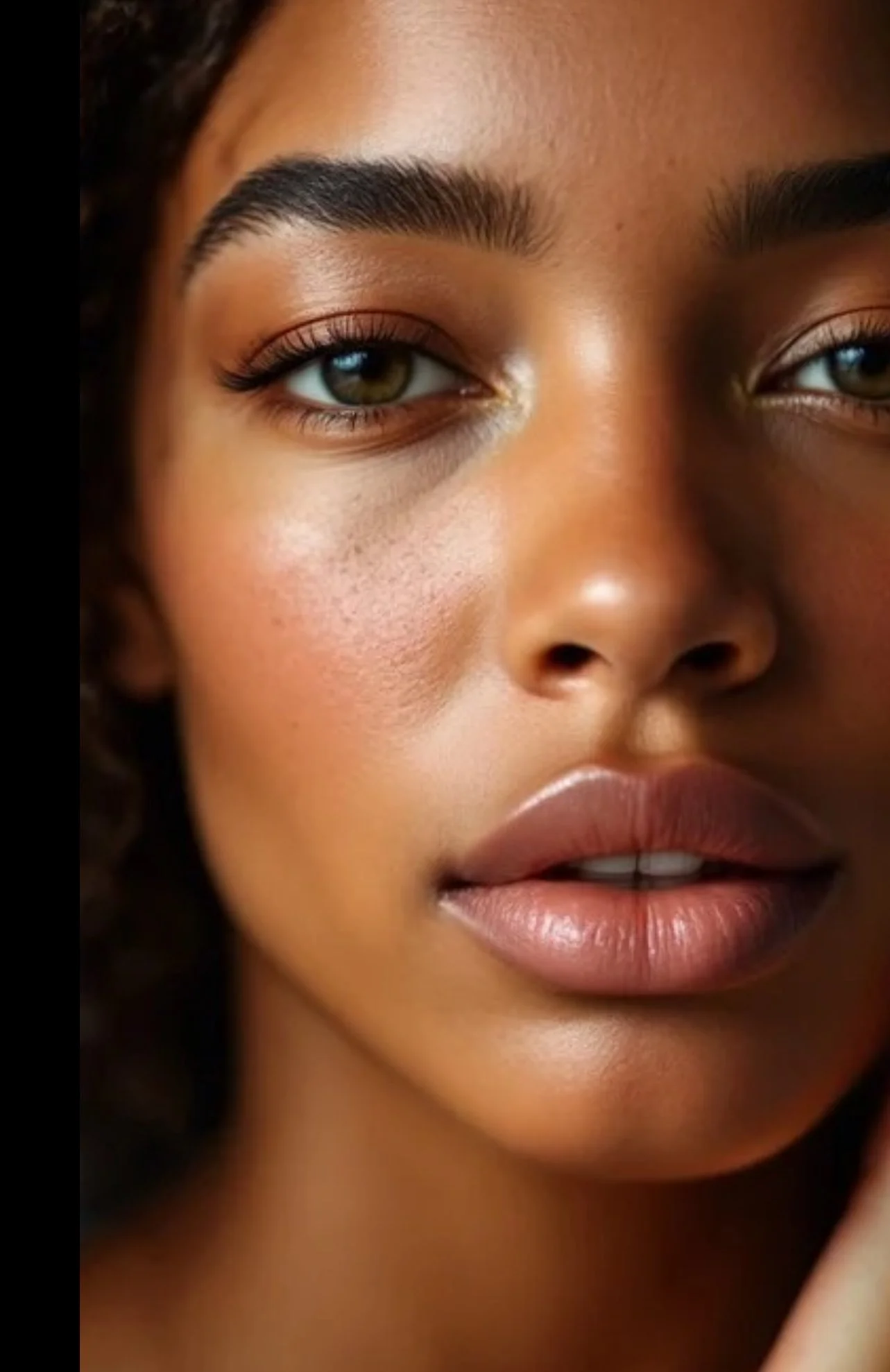 Close-up of a woman's face showing her left eye, lips, and part of her cheek, with a warm skin tone, full lips, and well-groomed eyebrows.