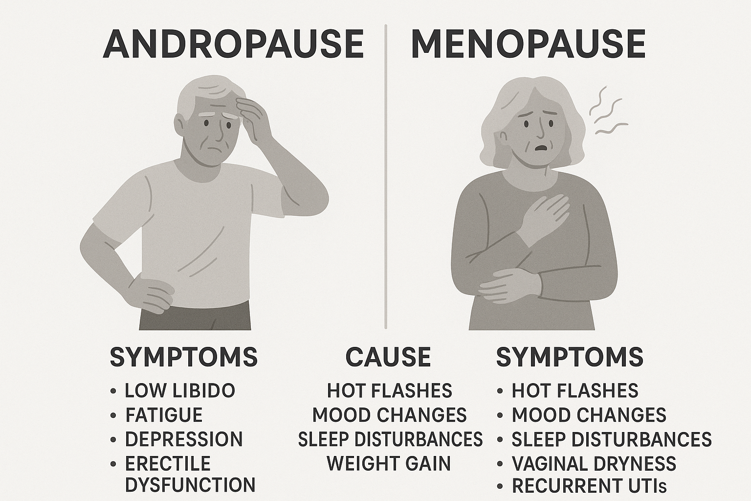 A comparison chart showing symptoms, causes, and symptoms of andropause and menopause. The left side lists symptoms of andropause: low libido, fatigue, depression, erectile dysfunction. The right side lists symptoms of menopause: hot flashes, mood changes, sleep disturbances, vaginal dryness, recurrent UTI.