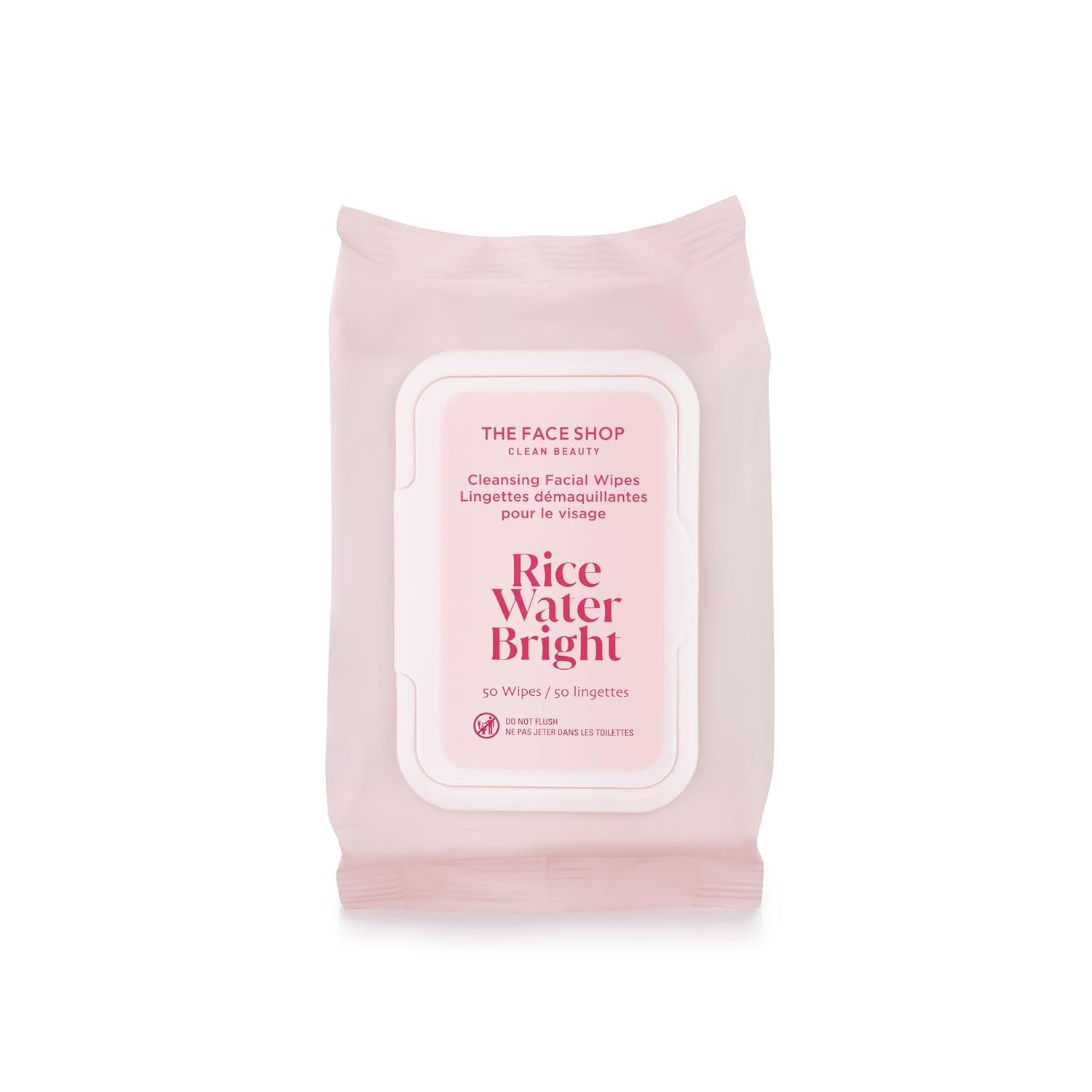 Pack of 50 cleansing facial wipes from The Face Shop, labeled Rice Water Bright, in pink and white packaging.
