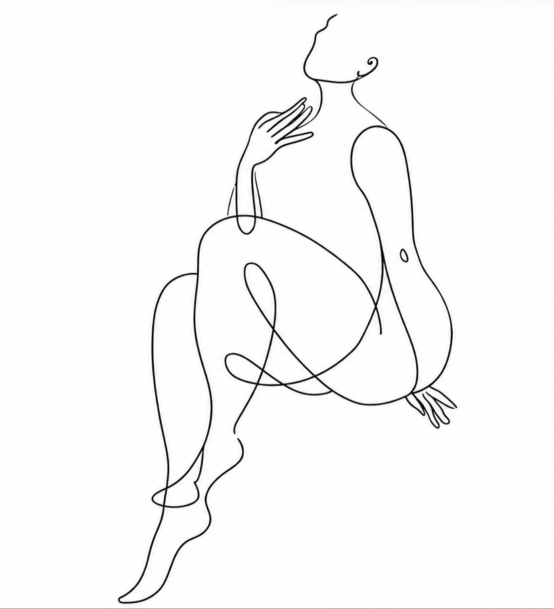 Line drawing of a seated woman with one hand on her knee and the other near her face, basic outline style.