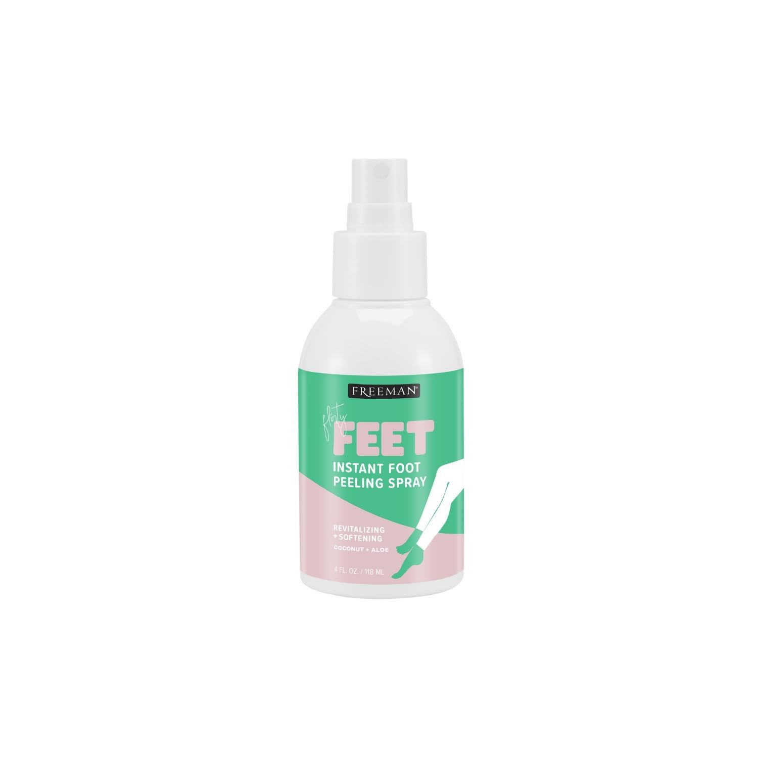 A spray bottle of Freeman Feet Instant Foot Peeling Spray with coconut and aloe, featuring a green and pink label, white spray nozzle, and measuring 4 fluid ounces.