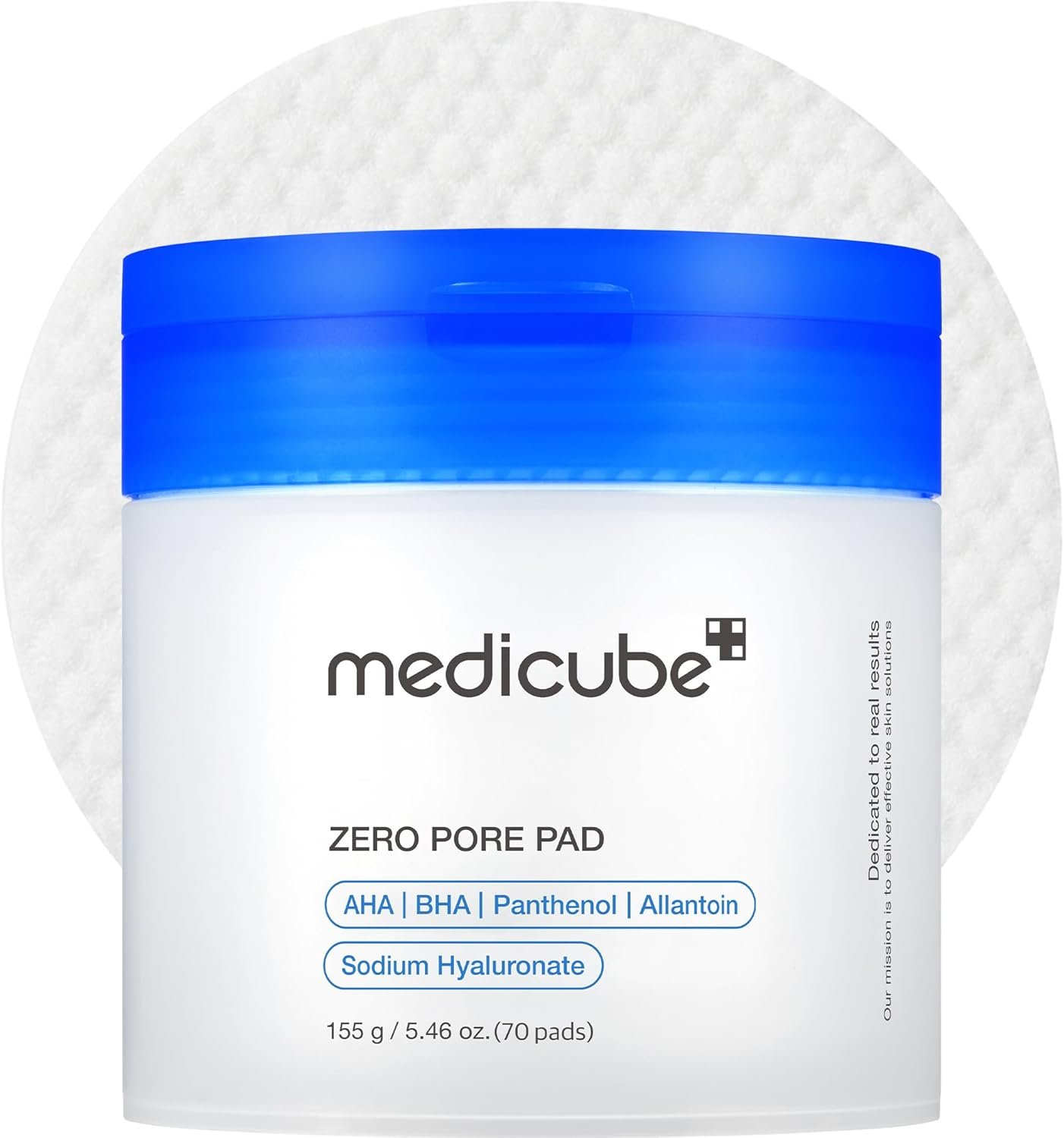 A jar of Medicube Zero Pore Pad with a blue lid and white body, containing 70 pads, labeled with ingredients including AHA, BHA, Panthenol, Allantoin, and Sodium Hyaluronate.