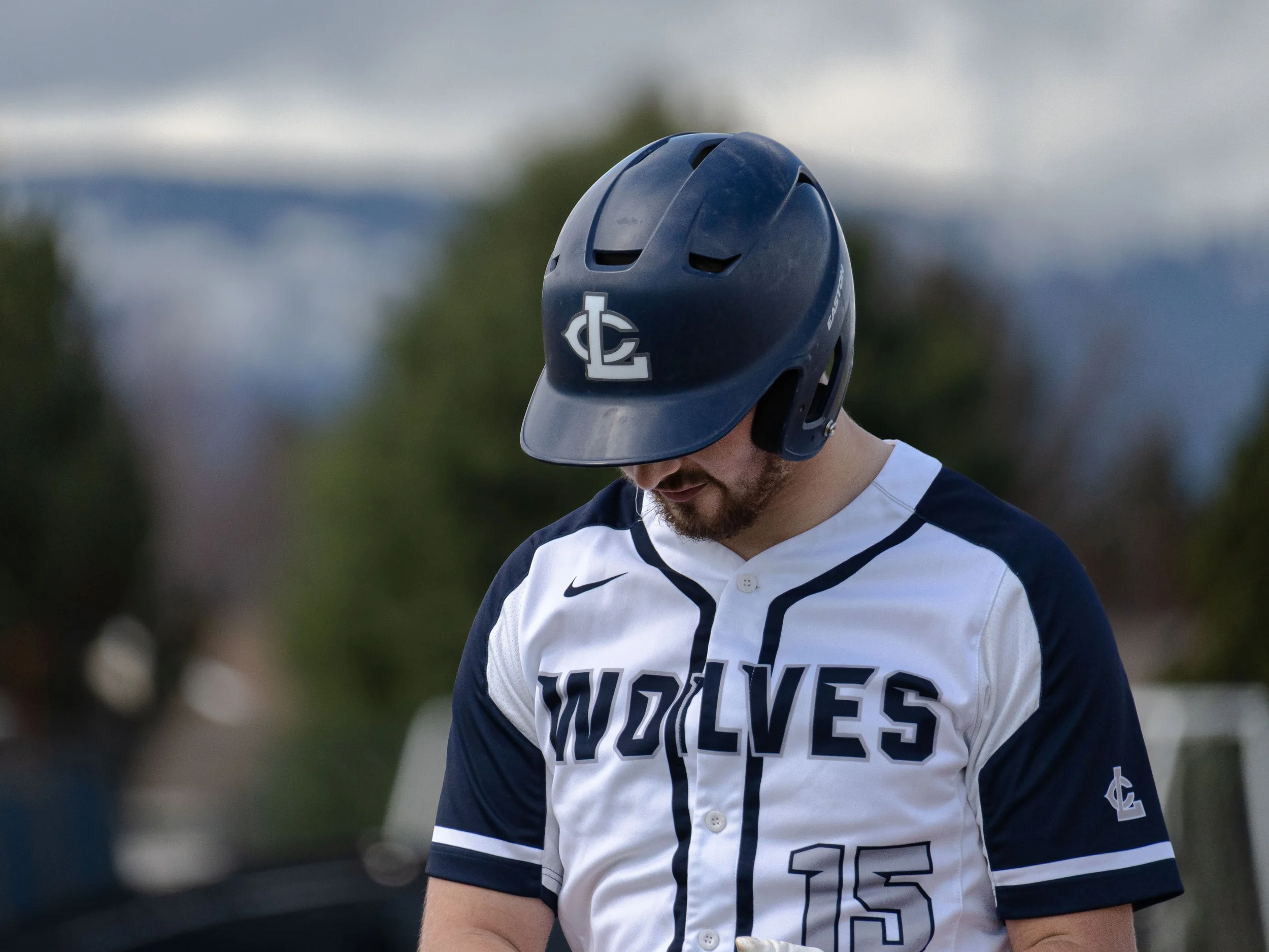 Baseball player in a "Wolves" jersey and helmet, looking down outdoors.