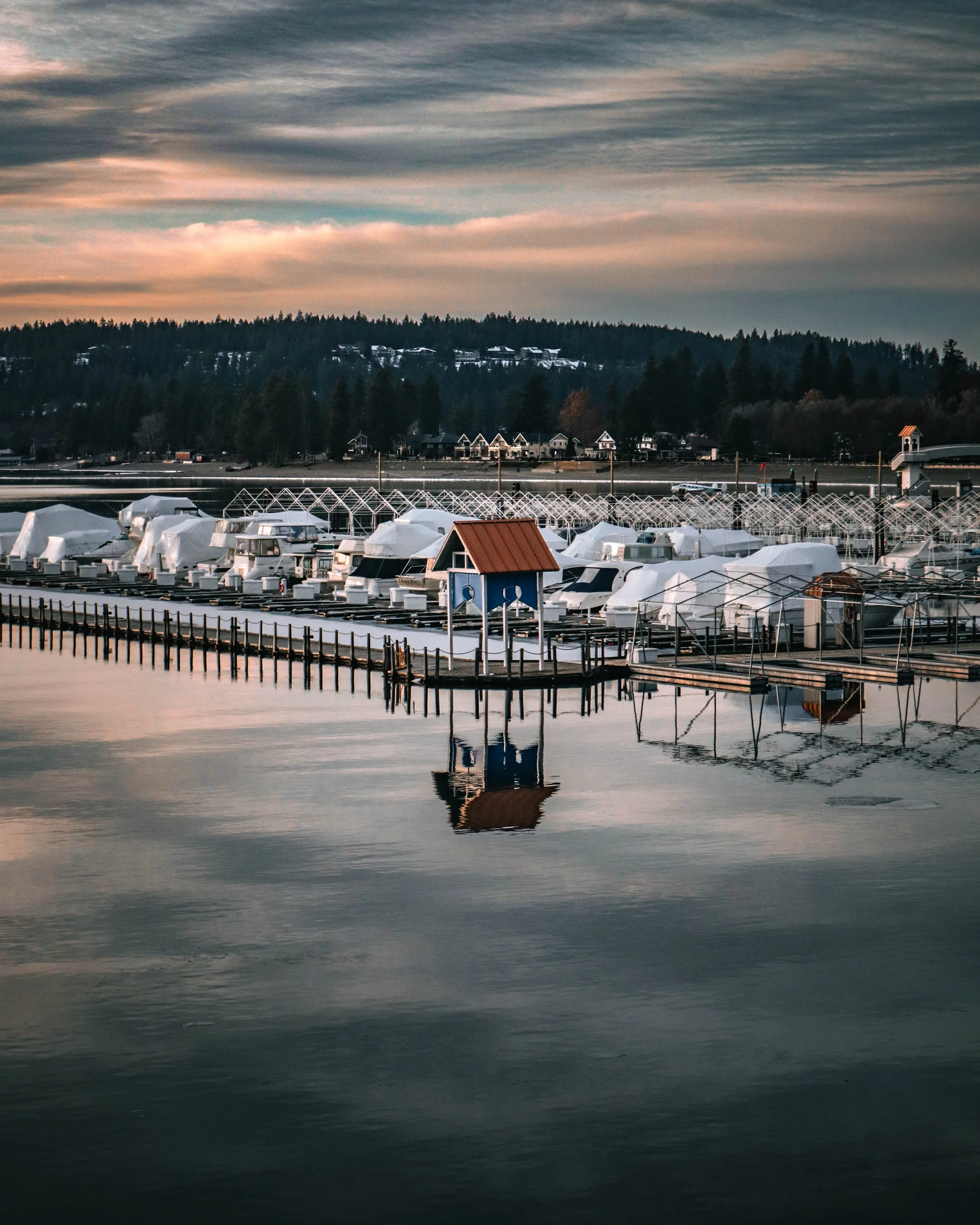 A marina with boats covered in white protective covers, reflecting on calm water. In the background, there is a hillside with trees and houses, under a sky with layered clouds during sunset or sunrise.