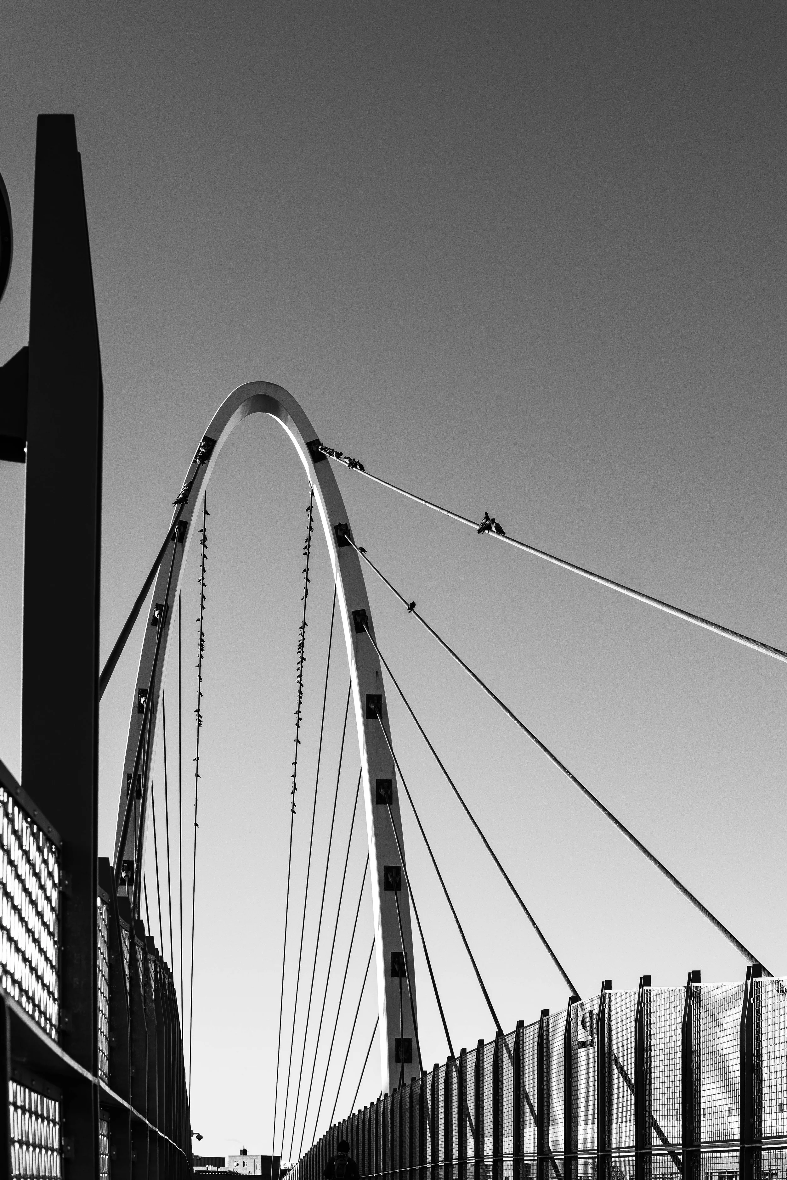 Black and white photo of a tall bridge with suspension cables, fences on both sides, and a person walking underneath.