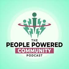 Logo of "The People Powered Community Podcast" with stylized abstract figures and dynamic elements on a green background.