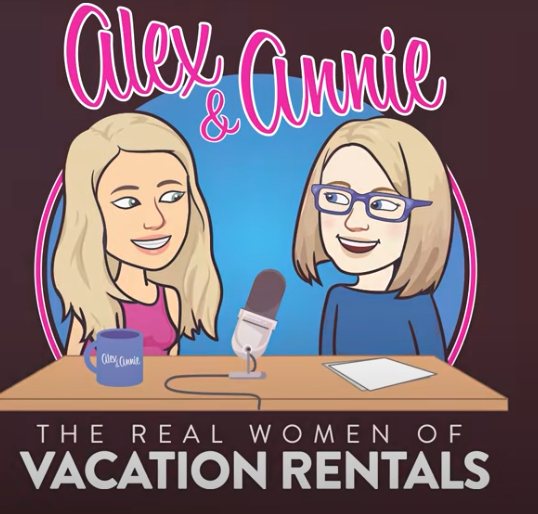 Illustration of two women, labeled Alex and Annie, sitting at a table with a microphone and mug, promoting the show 'The Real Women of Vacation Rentals.'