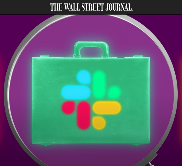 Illustration of a green briefcase with the Slack logo on it, set against a purple background, with 'The Wall Street Journal' text at the top.