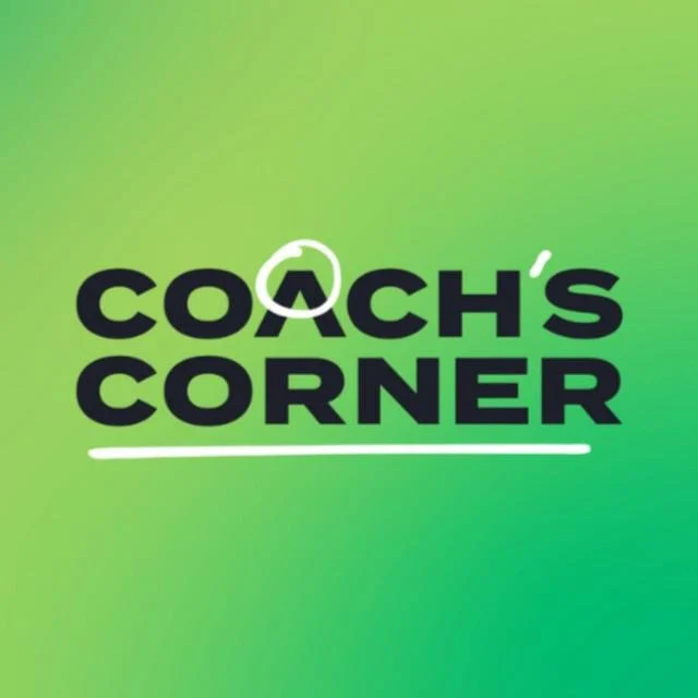 "Coach's Corner" text on green background with a circle and underline effect.