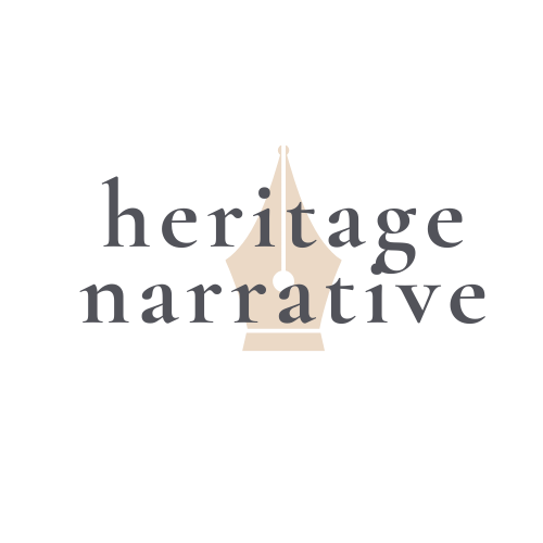 Logo featuring the phrase "heritage narrative" with a stylized pen nib design.