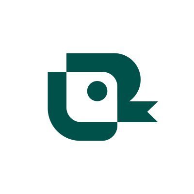 Green abstract logo with geometric shapes and a ribbon-like design on a white background.