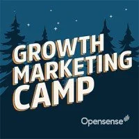 "Growth Marketing Camp" text with tree silhouettes and stars on a dark background, featuring the logo of Opensense.