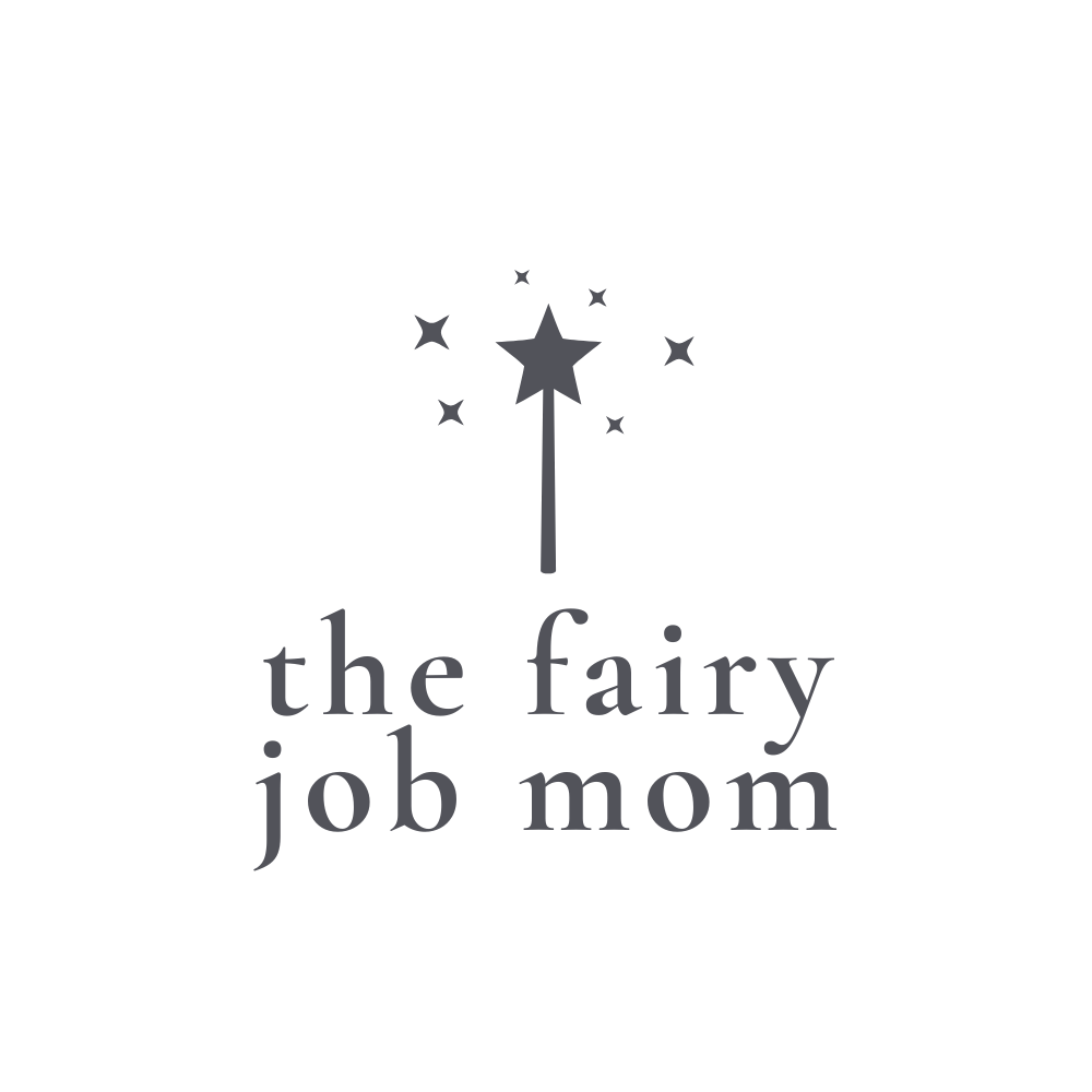 Logo with a magic wand and the text 'the fairy job mom' below it.