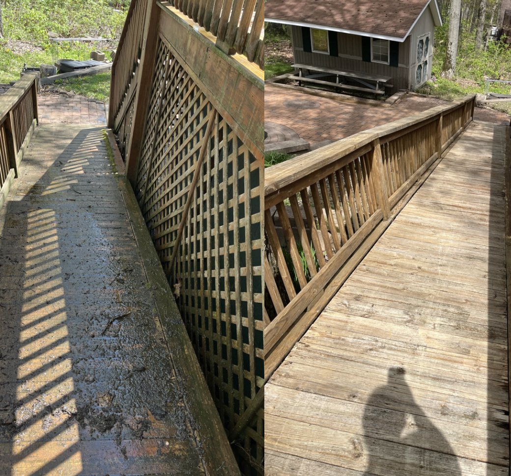 Comparison of a weathered, dirty wooden porch with a clean, recently cleaned wooden porch, showing before and after of cleaning renovation.