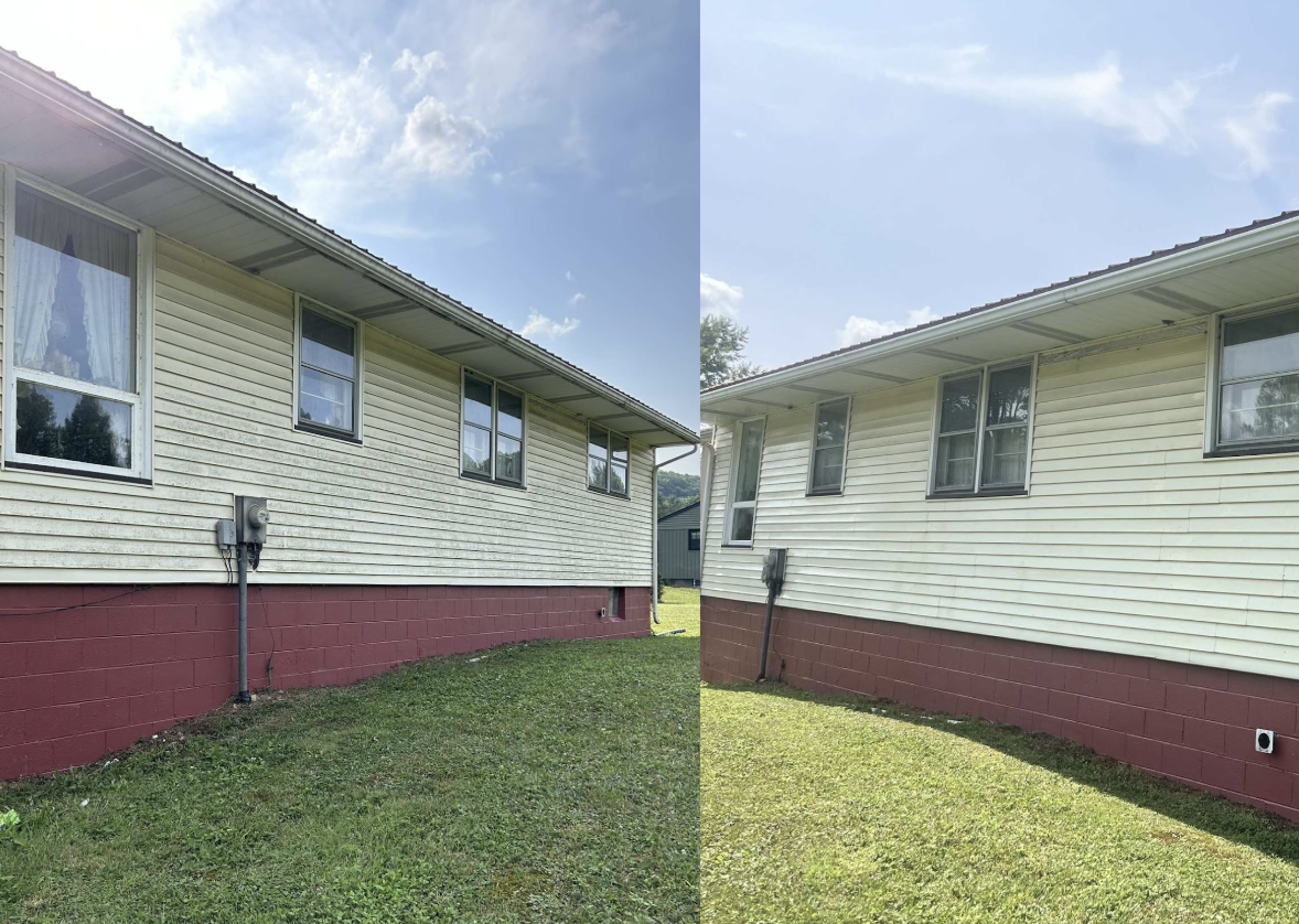 Comparison of the same house exterior with before and after cleaning or painting, showing cleaner siding and window frames on the right.