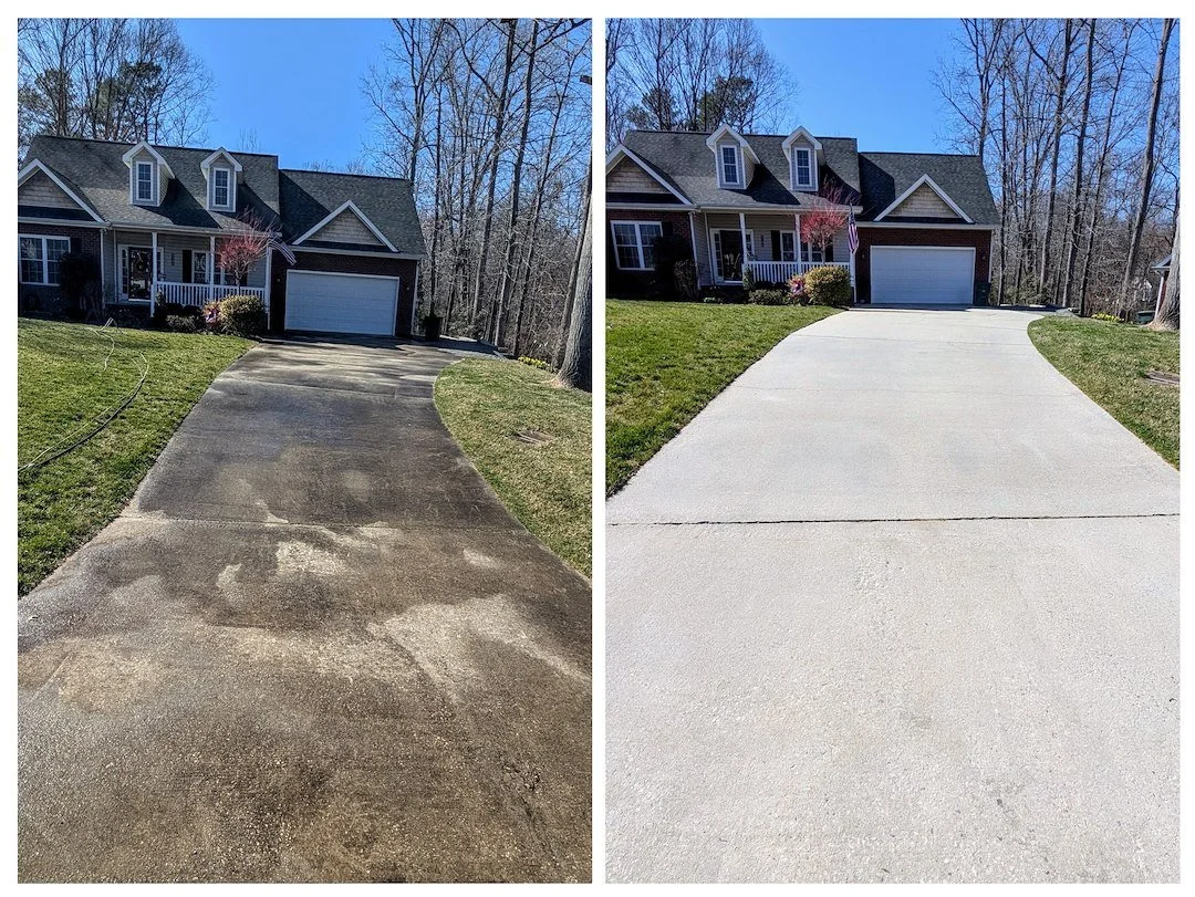 Comparison of two driveway images, before and after cleaning and resurfacing. Left shows a stained, dirty concrete driveway, right shows a clean, freshly paved concrete driveway in front of a suburban house.