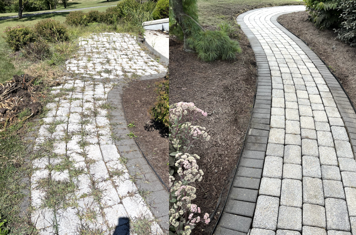 Side-by-side comparison of two different garden pathways. The left pathway is old, uneven, cracked, with weeds growing between the stones. The right pathway is a finished, smooth, and neatly laid brick or stone pathway with a curved design, surrounde