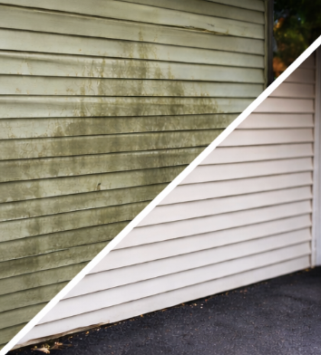 Comparison of an exterior house wall before and after cleaning, showing mold and dirt removal.