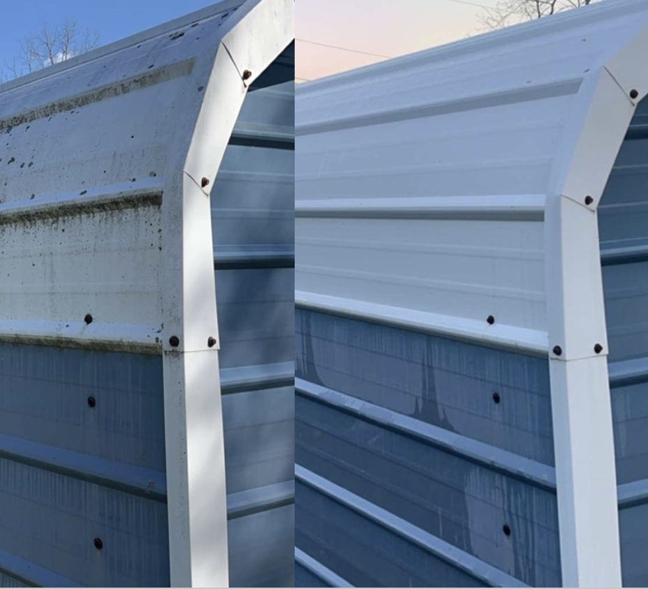 Comparison of two metal garage or shed walls, showing before and after cleaning or replacement, with the cleaned side looking brighter and newer.