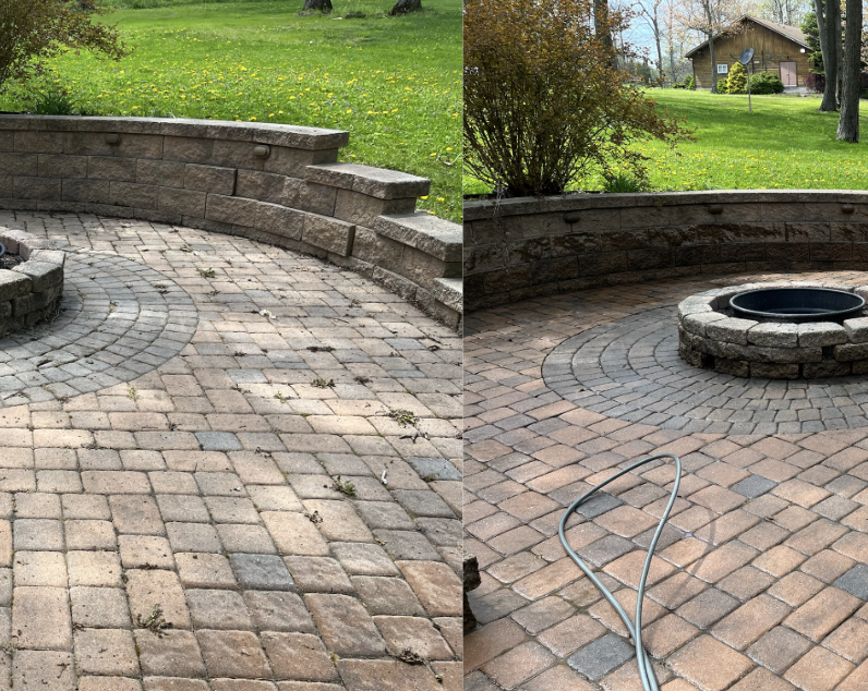 Side-by-side images of a backyard patio with brick pavers. The left image shows the patio with a curved brick wall and stairs, with a grassy yard beyond. The right image shows the fire pit area with a black fire ring, a coiled garden hose, and a simi