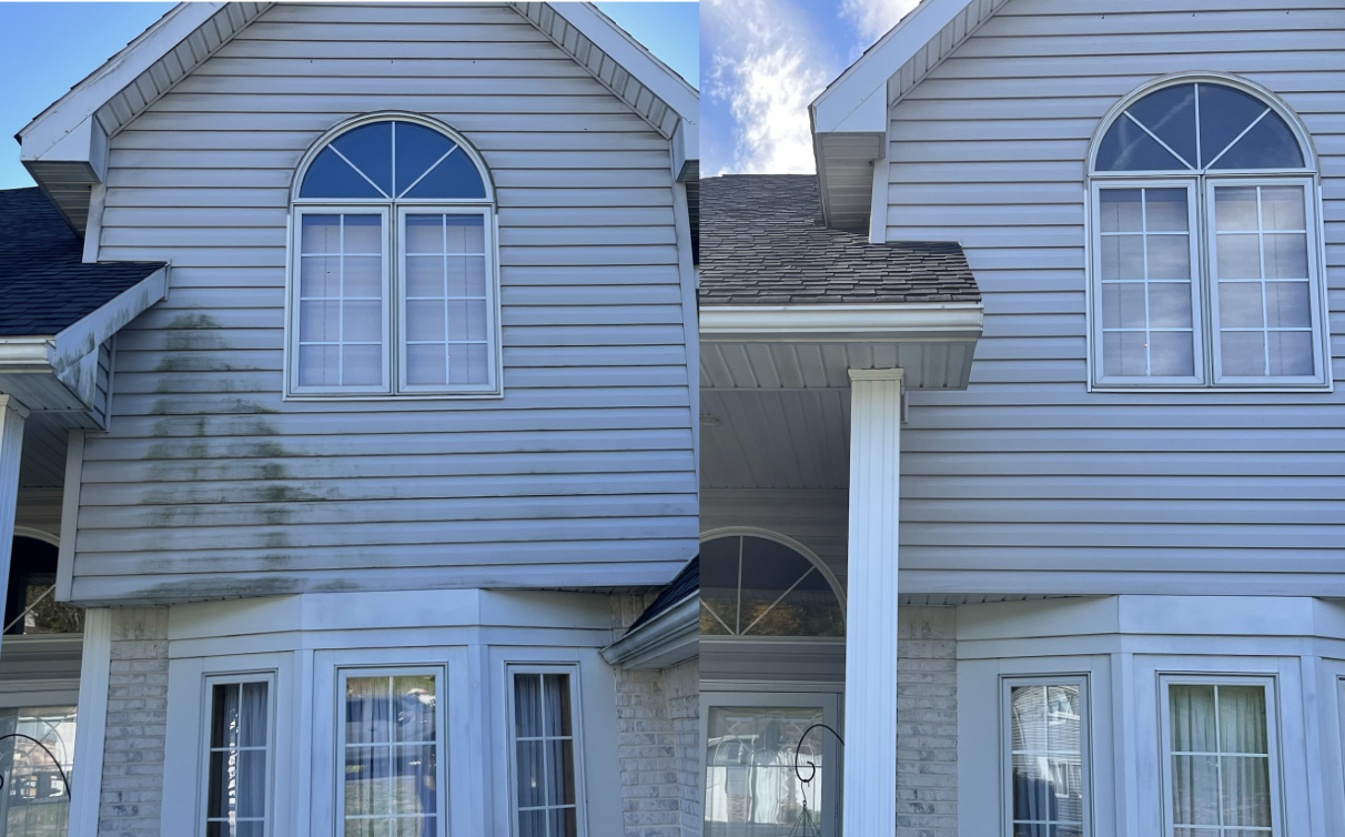 Comparison of a house's exterior before and after cleaning, showing the removal of green mold or mildew from the siding.