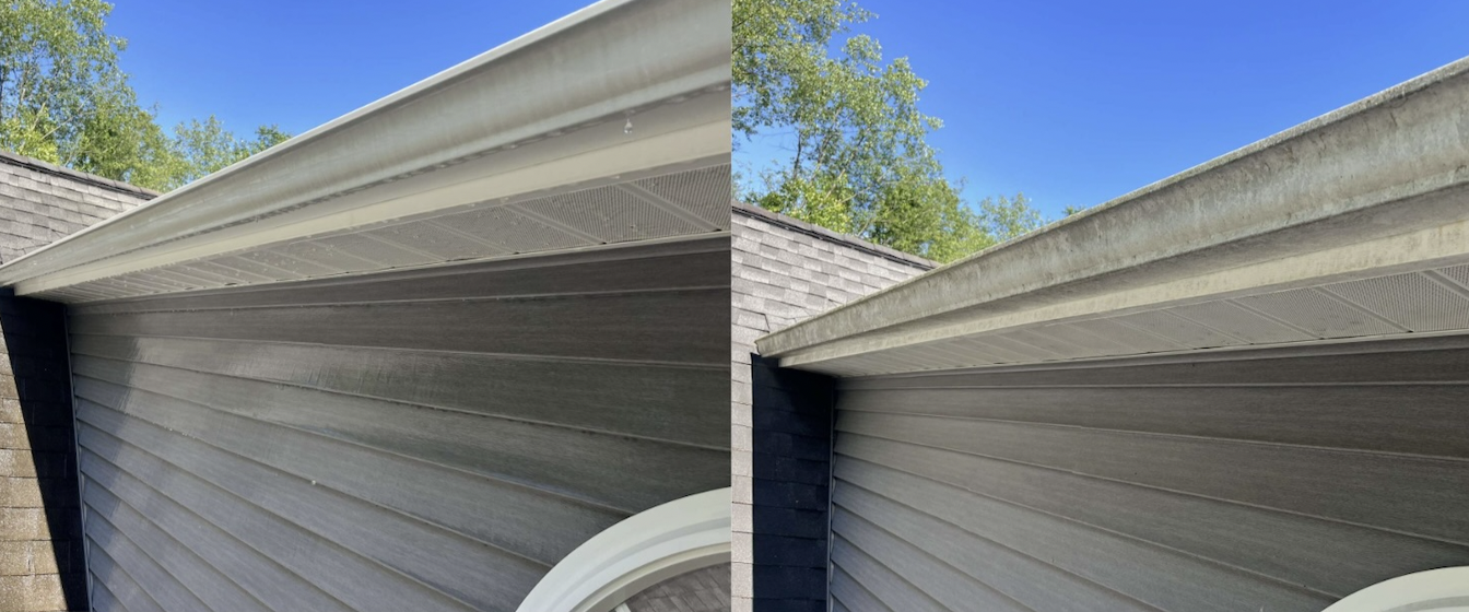 Comparison of two gutters showing before and after cleaning; the left gutter is dirty with debris, while the right gutter is clean.
