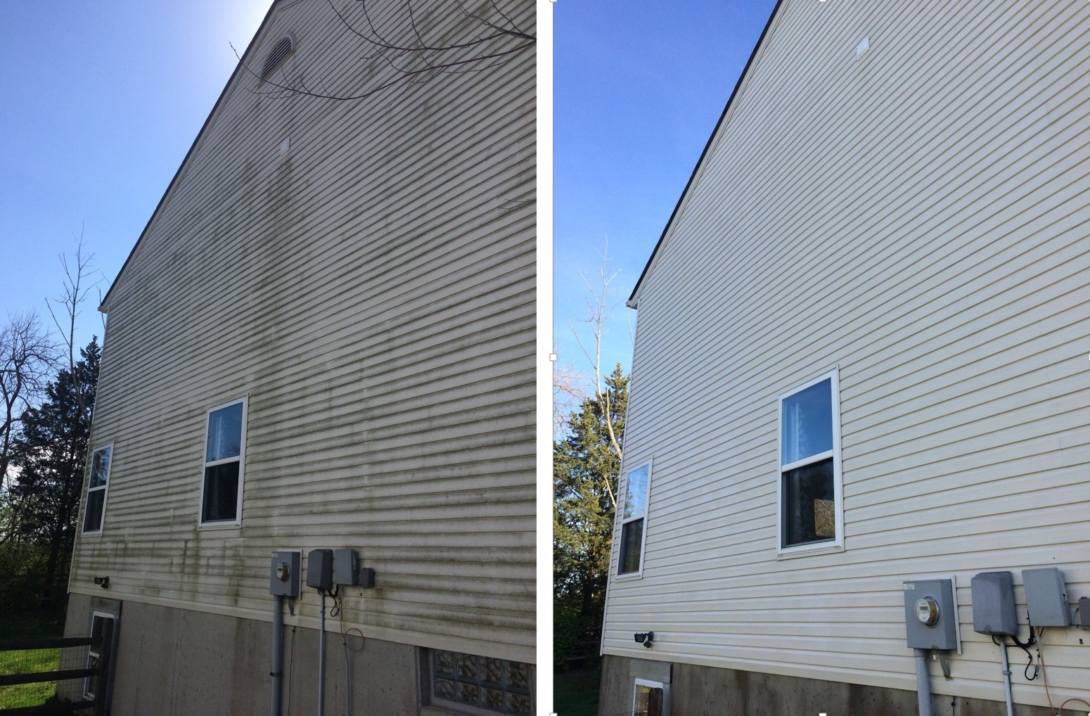 Comparison of the side of a house: before cleaning, showing dirt and grime; after cleaning, appearing bright and clean, with the same windows and exterior features.