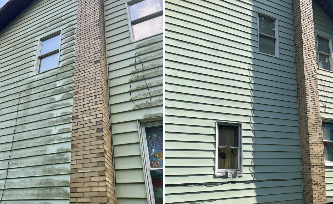 Comparison of building siding: left side shows mold and dirt on green horizontal siding, right side shows cleaned and cleaned siding on a house with windows.