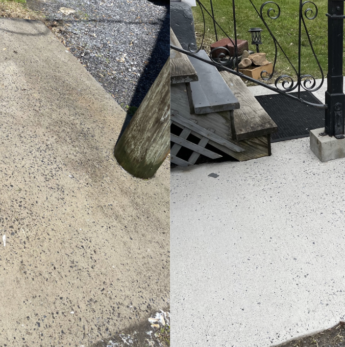 Comparison of two concrete surfaces, one with weathered texture and the other newly poured with a smooth finish, with steps and a black metal fence in the background.