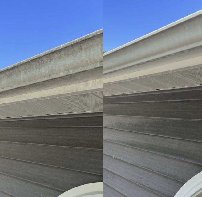 Comparison of two underside views of house gutters against blue sky, one older and dirty, the other newer and clean.