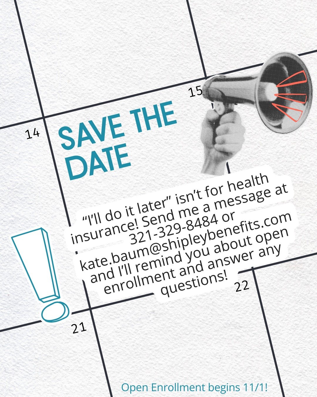 📆 Open enrollment is around the corner! 

Can I answer any questions about open enrollment, the marketplace, tiers, or what coverage might be right for you?

Send me a message and I'll keep you updated! 

shipleybenefits.com | personalized employee 