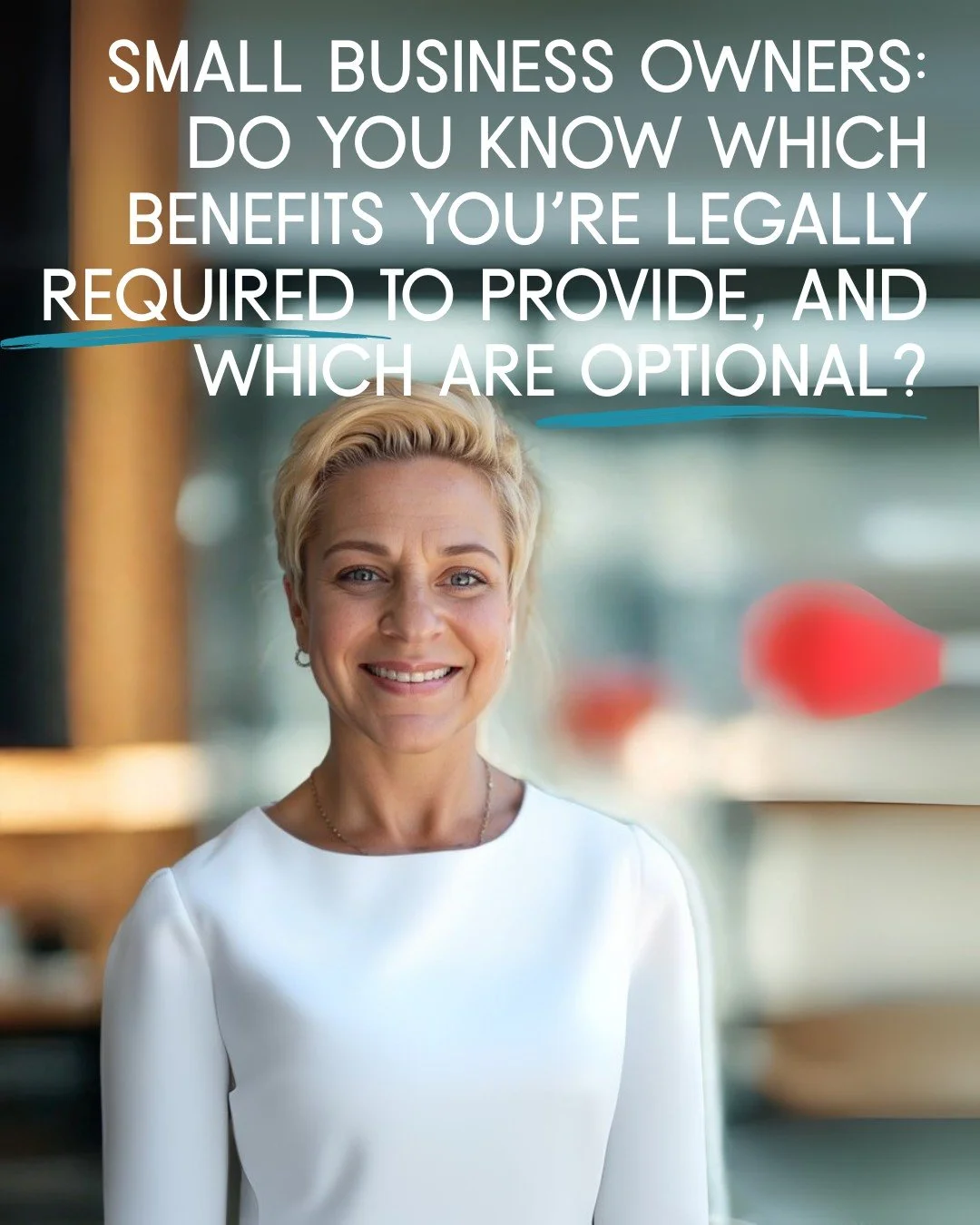 As a small business owner, do you know which benefits you're legally required to provide, and which ones are optional?

Here's a quick breakdown:
-Required by law: Social Security &amp; Medicare (FICA), workers' compensation, unemployment insurance 
