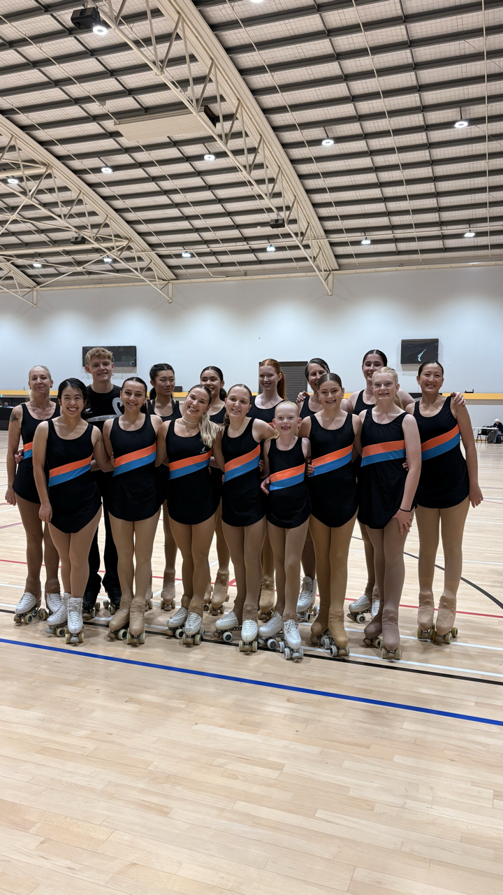 a group of roller skaters wearing their club uniform