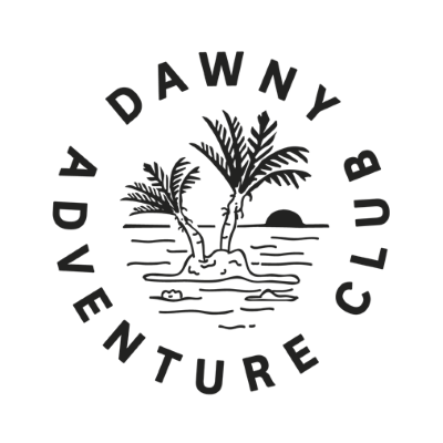 A logo for Dawny Adventure Club featuring a circular design with a palm tree, a small island, and waves, with the club's name wrapped around the circle.