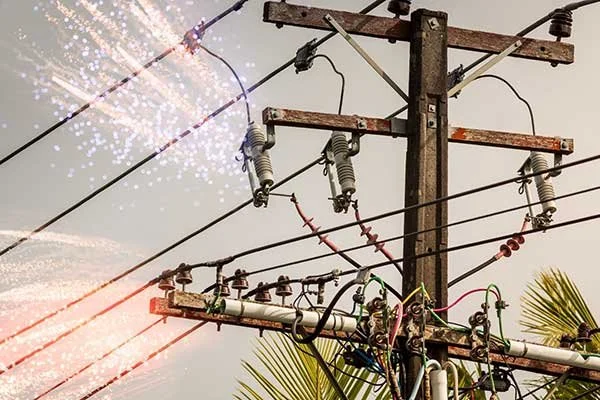 Power lines and utility pole with sparks from fireworks in the background and palm leaves at the bottom right.