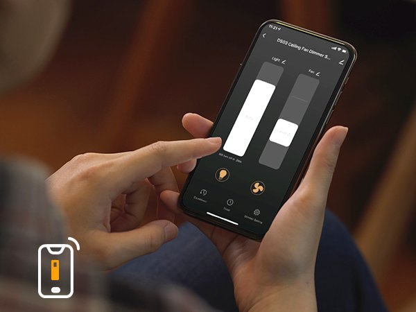 Person adjusting a smart ceiling fan controller app on smartphone, showing fan speed settings.